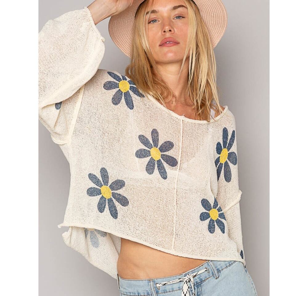 POL Oversized Lightweight Sweater Womens Large Cream Daisy Floral Balloon Sleeve